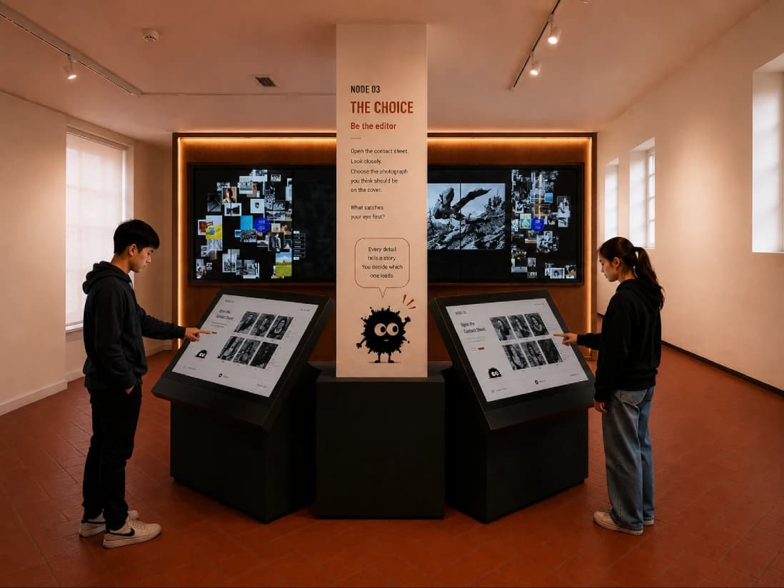 AI-assisted MUNAF spatial concept: visitors making editorial choices.