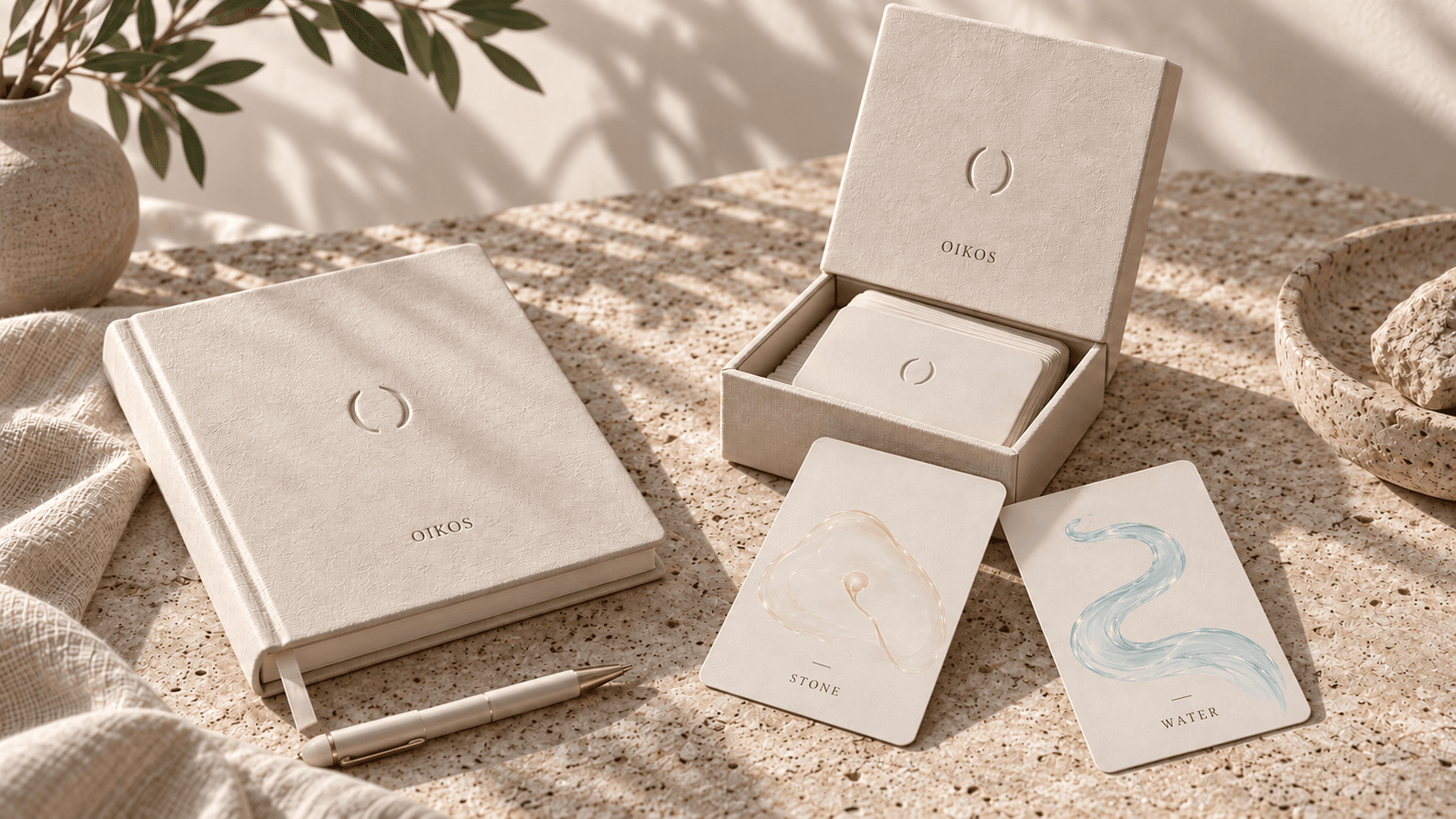 OIKOS journal and boxed symbolic reflection card concept.
