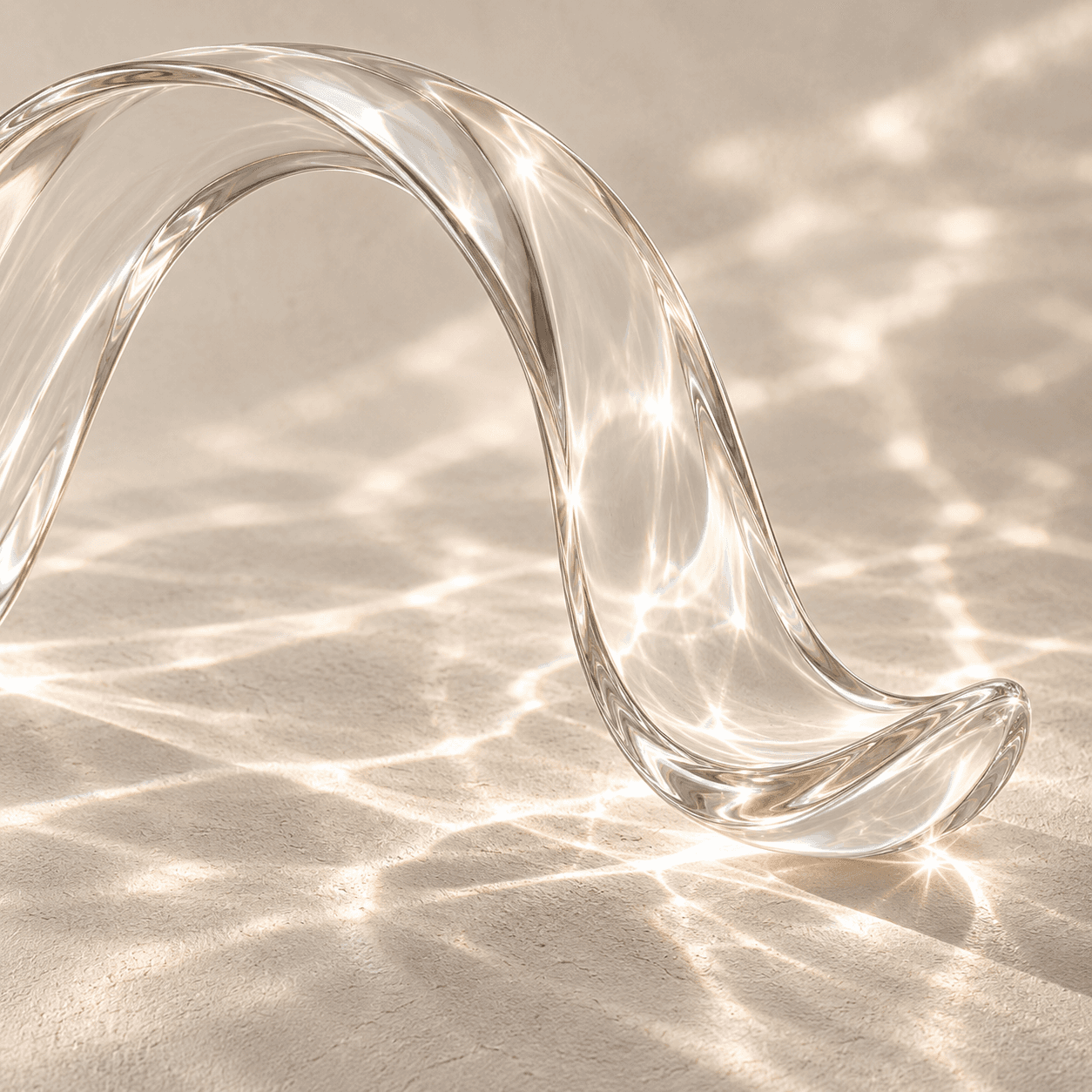 A clear sculptural glass form resting in sunlight.