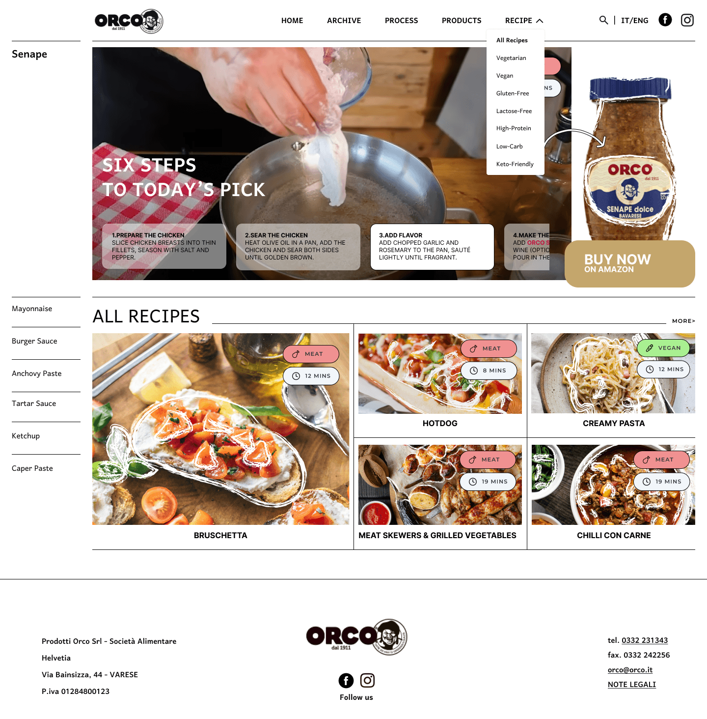 Complete ORCO recipe-page proposal with cooking steps, products and the recipe index.