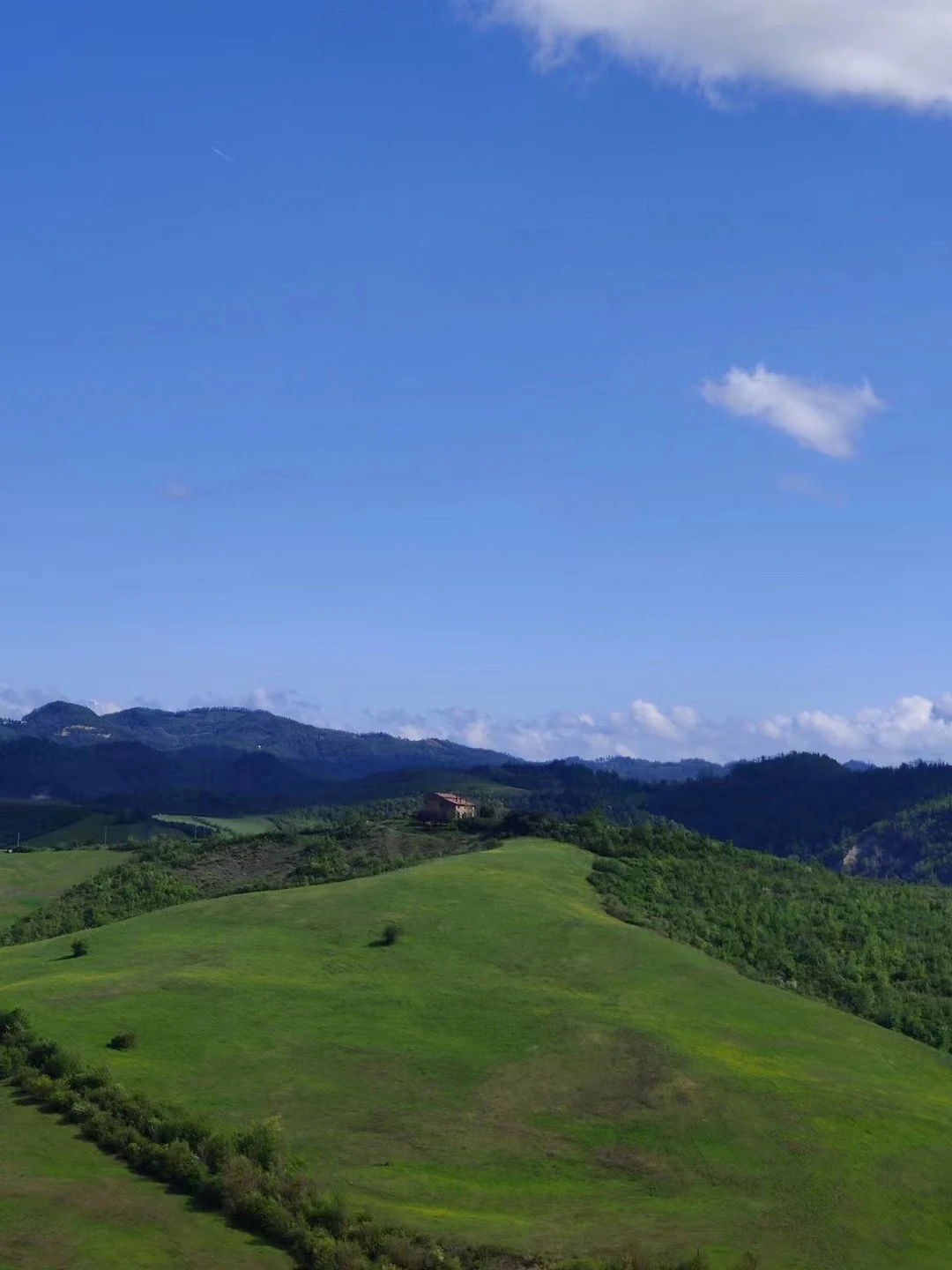 Green hills beneath a clear blue sky