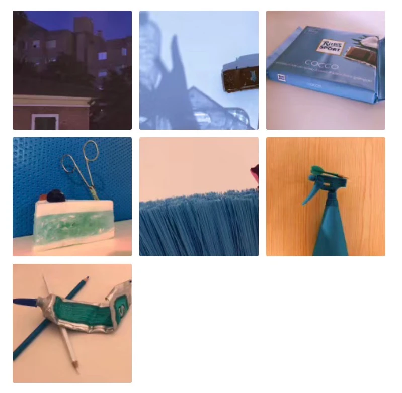 Complete seven-photo collection of everyday objects and blue-toned details