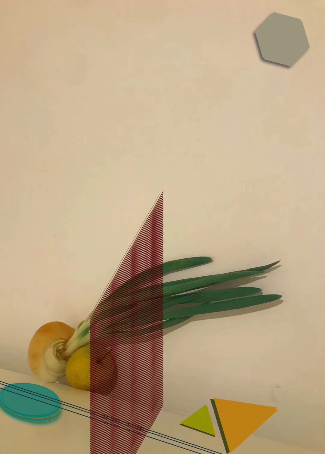 A still life of vegetables and translucent geometric shapes