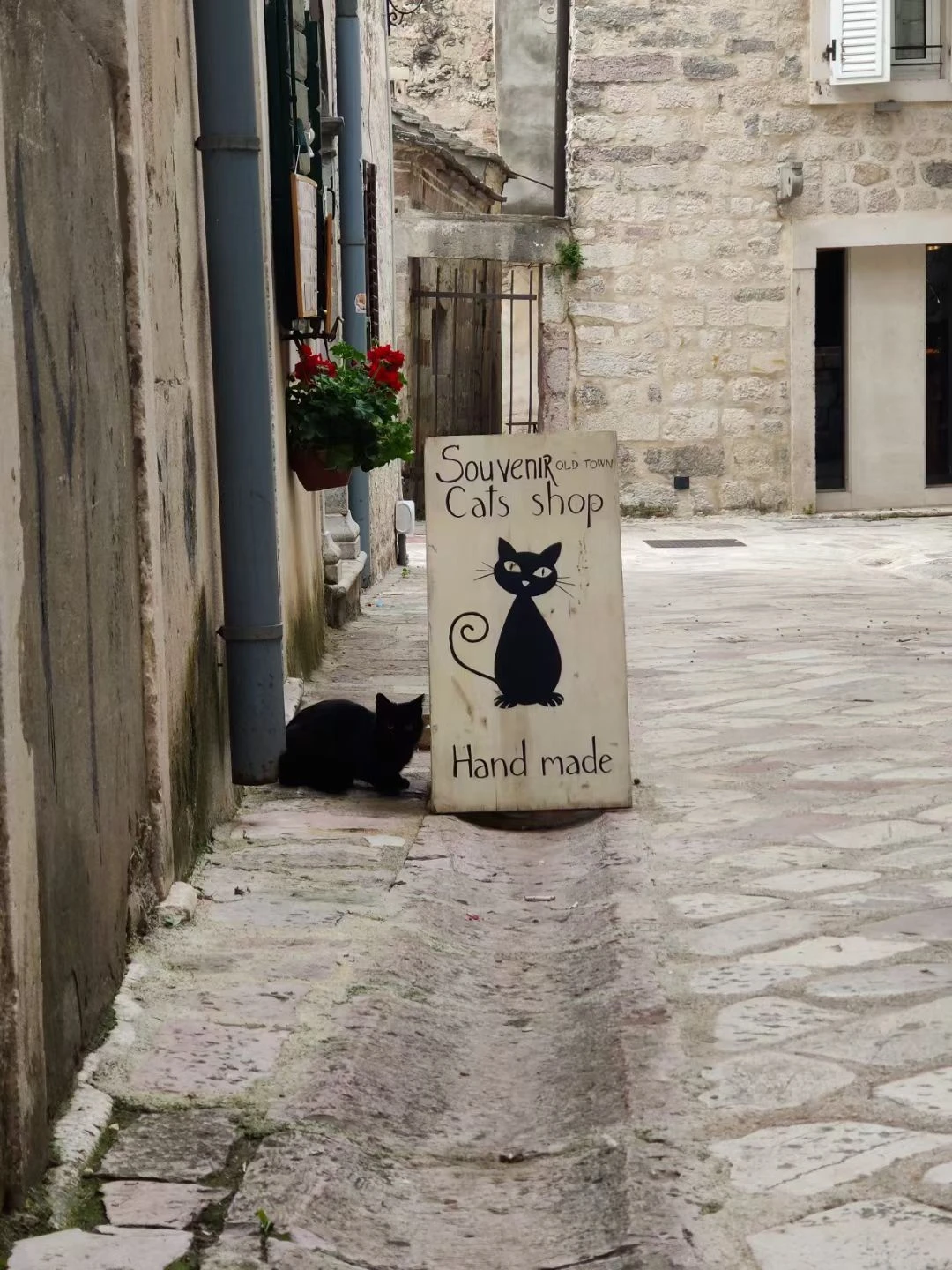 A narrow stone street and a small illustrated sign