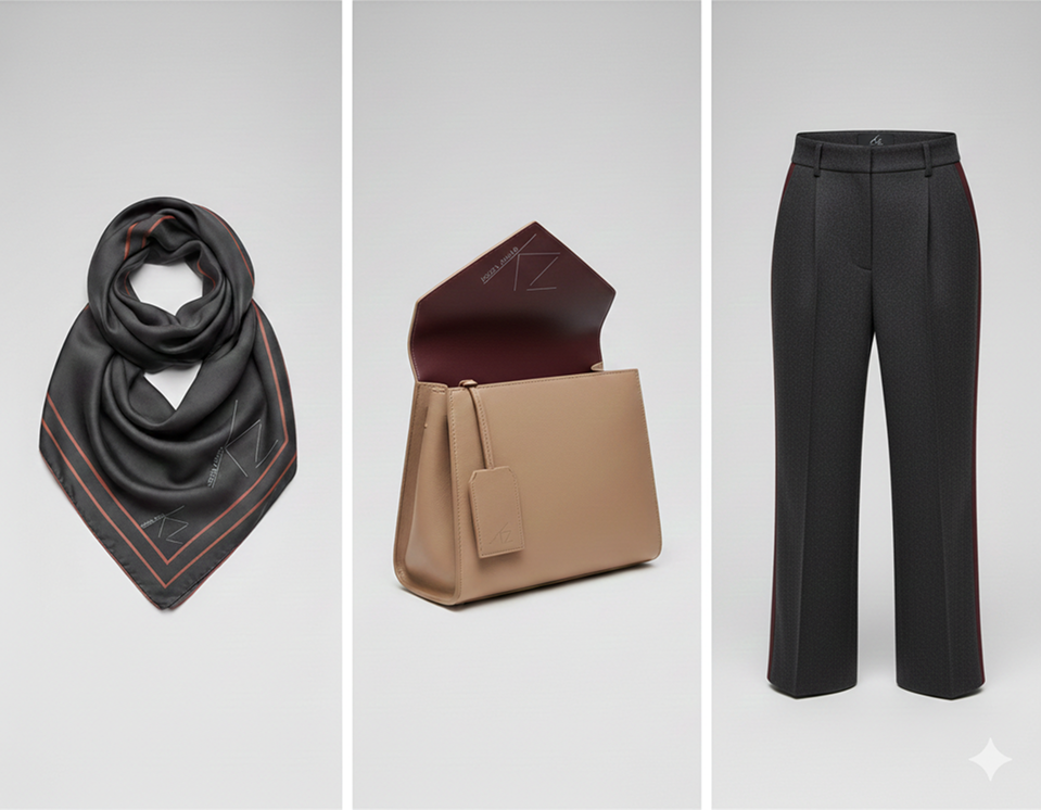 AI-generated dark scarf, bag and trouser concepts.