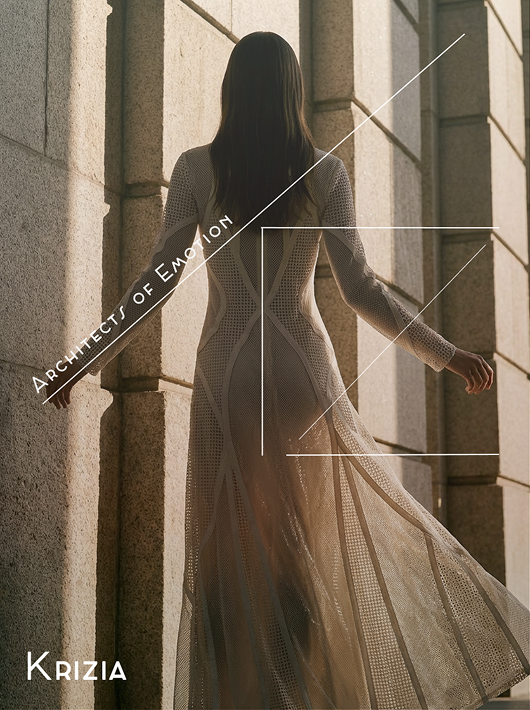 Krizia concept poster: a figure turning beside columns, with geometric linework.