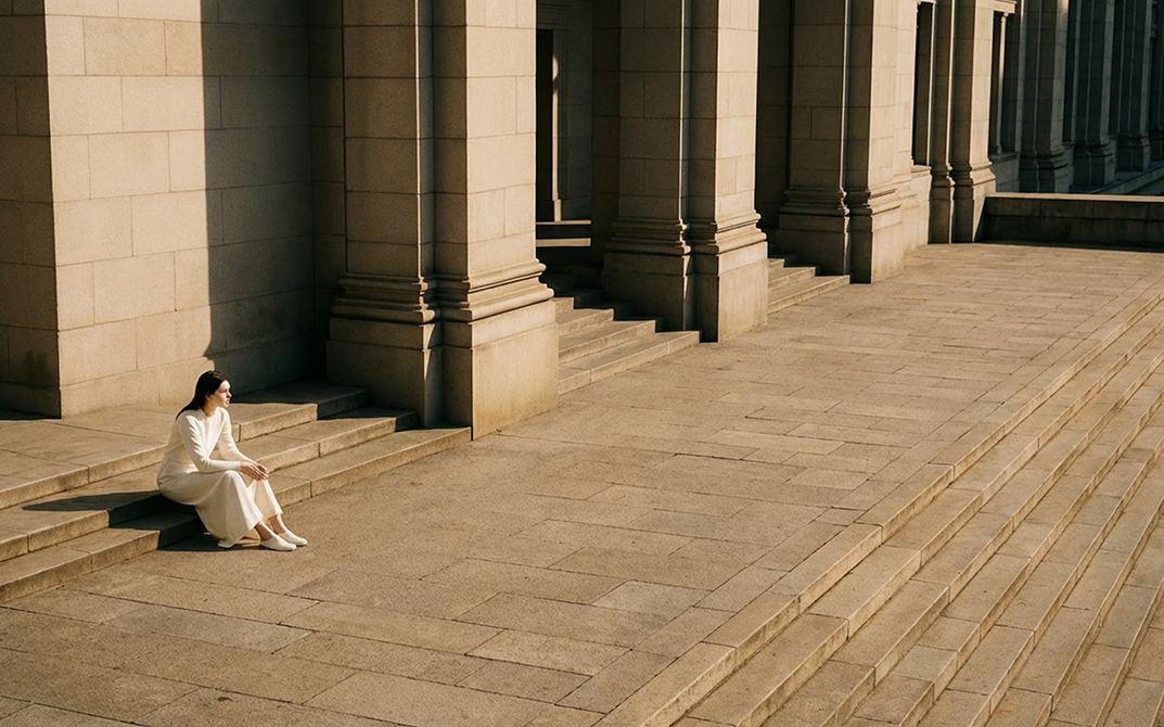 AI-generated campaign concept: a figure in flowing fabric beside a rhythm of Milanese-style columns.