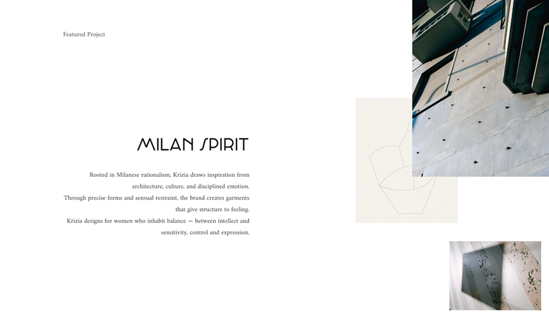 Milan Spirit brand narrative layout with architectural images.