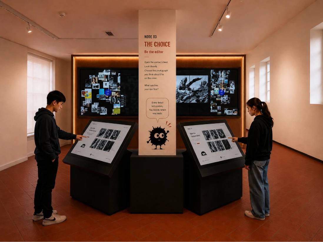 MUNAF spatial concept: visitors making editorial choices at two museum touchscreens