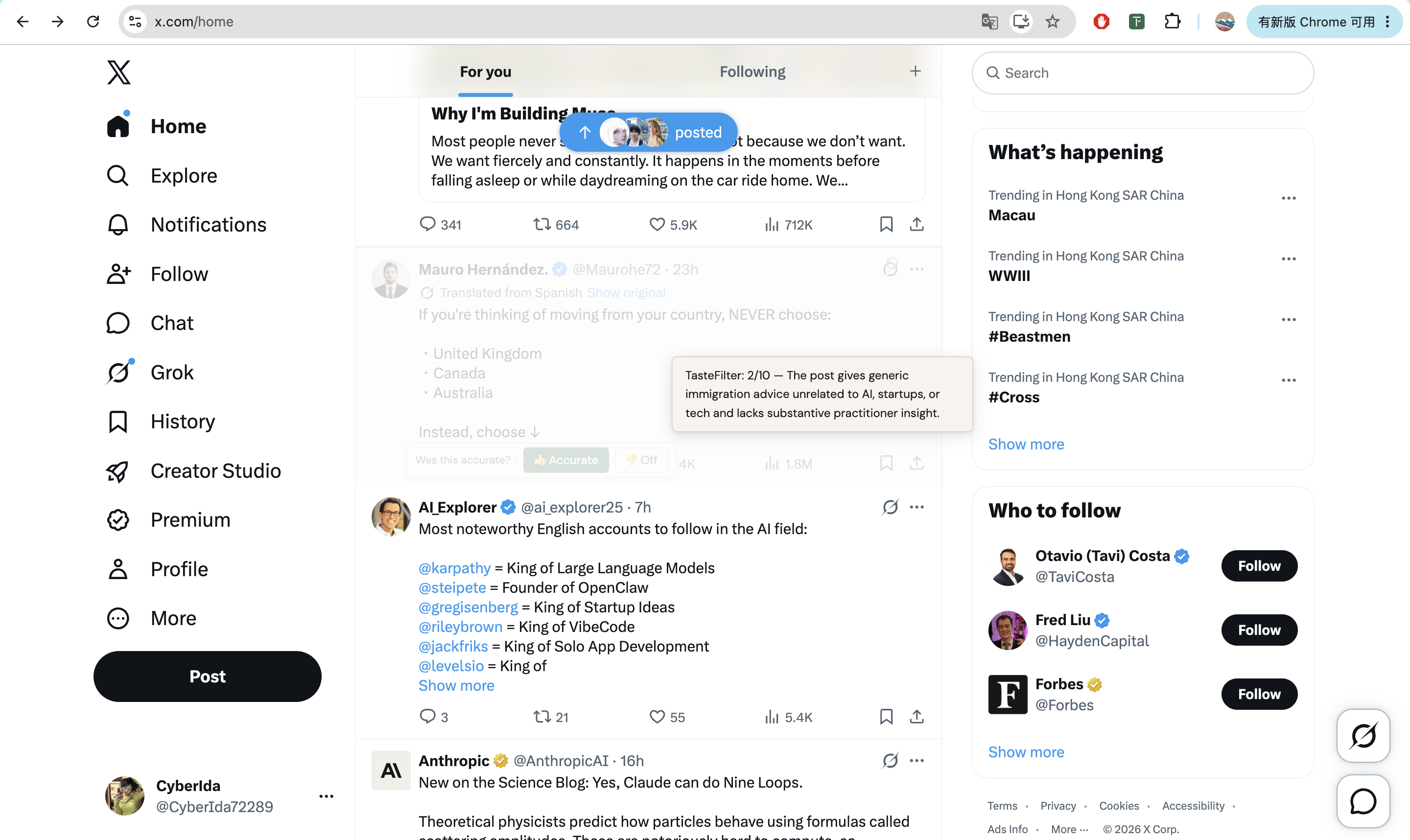 Live X feed captured September 26: a post is faded and TasteFilter explains its 2/10 taste-match score.